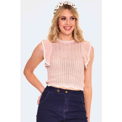 Afbeelding van Voodoo Vixen Ruffle Round Neck Knitted Mouwloze top L Beige
