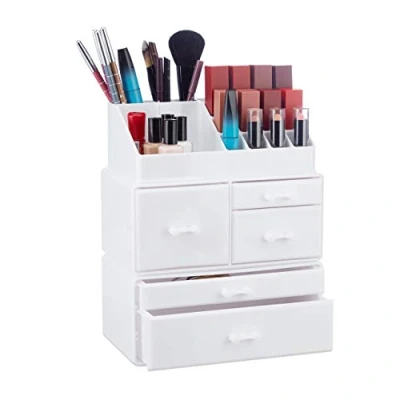 Afbeelding van Relaxdays make up organizer van acryl cosmetica toren lippenstifthouder box wit