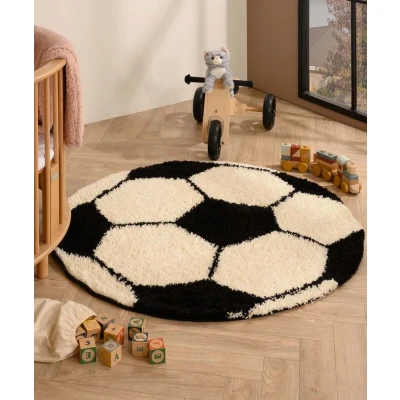 Afbeelding van Rond Vloerkleed Kinderkamer Voetbal Crème/zwart 120 Cm