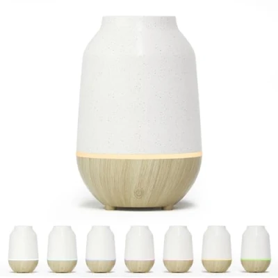 Afbeelding van SALKING Aromadiffuser, keramiek, ultrasone aromatherapie diffuser voor etherische oliën, met automatische uitschakelfunctie, warm wit licht, wit, houtnerf, thuis, kantoor of yoga