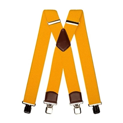 Afbeelding van Olata Extra Brede X Vorm Bretels met Bruin Leer en Zilveren Clips 5 cm. Geel