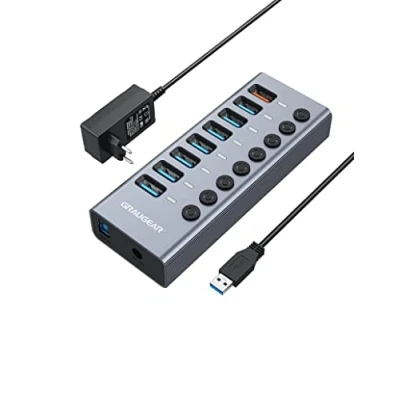 Afbeelding van GRAUGEAR G HUB71 A, 7 poorts USB 3.0 HUB lader, extra 1x snellaadpoort, enkele aan/uit schakelaar, aluminium, met 48W (12V/4A) voeding, grijs
