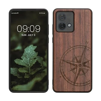 Afbeelding van kwmobile telefoonhoesje geschikt voorMotorola Moto G84 5G Hoesje met bumper hout In donkerbruin Vintage Kompas design