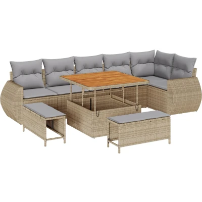Afbeelding van vidaXL 9 delige Tuin Sofa Set met Kussens Beige Poly Rattan Acacia, 3 Eet Acacia