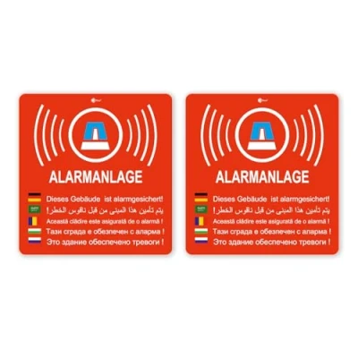 Afbeelding van 2 delige stickerset alarmsysteem I Hin_169 6x6,3 cm Let op gebouwen, object is beveiligd tegen alarm voor ramen en deuren binnenklevend weerbestendig