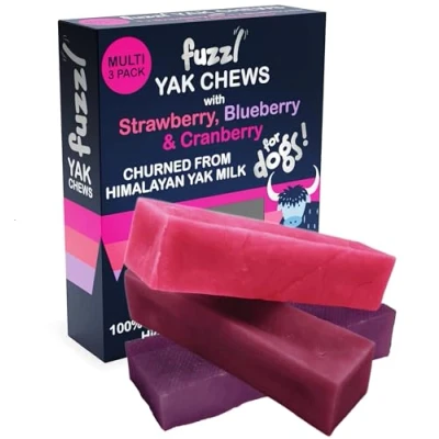 Afbeelding van Fuzzl Premium Yak kauwkaas voor honden, 3 stuks, aardbeien, bosbessen, cranberry, natuurlijke hondensnoepjes met Himalaya melk, jak, kauwartikelen zonder verbergen, hondenvoer