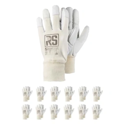 Afbeelding van RS Soft TEC 9 montagehandschoenen, versterkt geitenleer, maat 9, 12 paar, wit, werkhandschoenen, leer, heren en dames, robuuste leren handschoenen, beschermende handschoenen