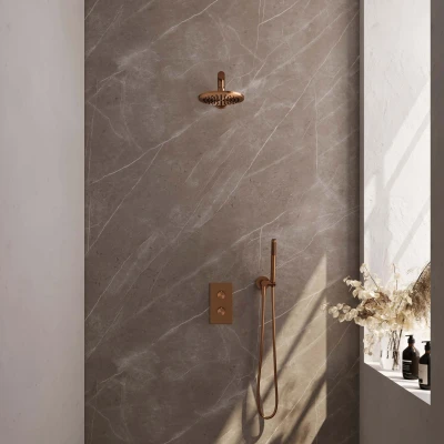 Afbeelding van BRAUER Copper Carving thermostatische inbouw regendouche 3 weg omstelling SET 25 met 20 cm douchekop en rechte muurarm staaf handdouche