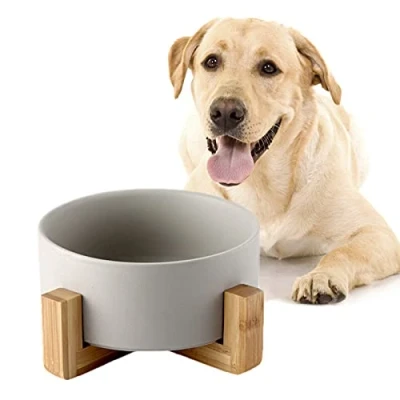 Afbeelding van SPUNKYJUNKY Hondenbak, dubbele keramische voerbak met bamboestandaard voor katten en honden (850 ml, grijs enkel)