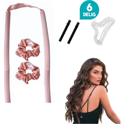 Afbeelding van BeautyFit Nieuwste Heatless Curls 6 delig Roze Krulspelden Haarrollers Krullen Zonder Hitte Krullers Haar Rollers Zelfklevend Haarkruller