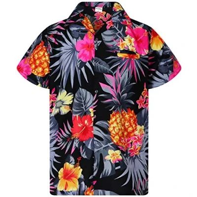 Afbeelding van Funky Hawaiiaans Overhemd, Hawaii Korte Mouw, Pineapple, Zwart Grijs, L