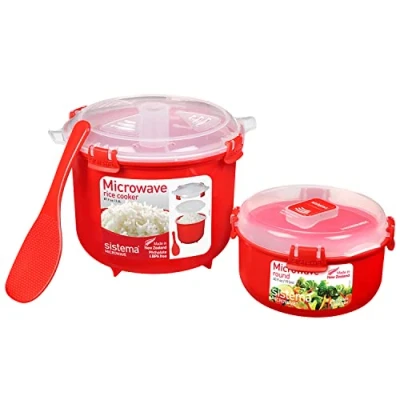 Afbeelding van Sistema magnetron rijstkoker (2,6L) &amp; ronde voedselcontainer (915ml) Voedselcontainers met stoomafgifte BPA vrij recyclebaar TerraCycle® 2 tellen
