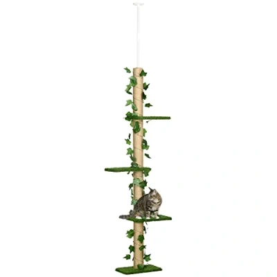 Afbeelding van PawHut 242 cm vloer tot plafond kattenboom voor binnenkatten met bladeren, in hoogte verstelbare klimtoren krabpaal, antislipset groen