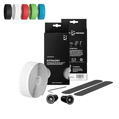 Afbeelding van URBAN ZWEIRAD Premium Extra Dry fiets stuurband racefiets gripband zelfklevend incl. aluminium stuurstop graveren, (wit)
