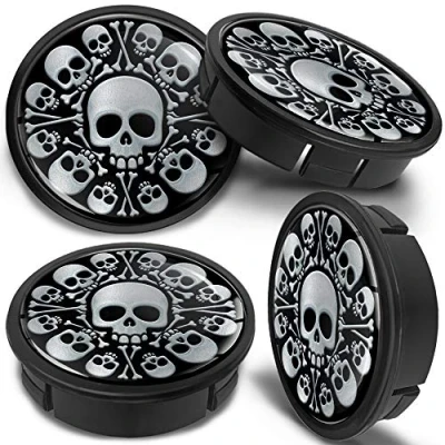 Afbeelding van SkinoEu 4 x 60 mm universele zwarte zilveren schedel aluminium velgen naafdoppen doppen velgdoppen wieldoppen wielnaafdop naafdop CX 10