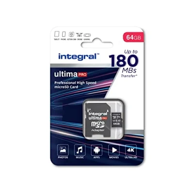 Afbeelding van Integral 64 GB Micro SD kaart 4K video leessnelheid 180 MB/s en schrijfsnelheid 150 MicroSDXC A2 C10 U3 UHS I V30 Onze snelste High Speed geheugenkaart