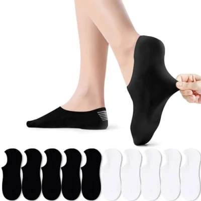 Afbeelding van PAUNEW Sneakersokken voor dames en heren, sportsokken dames, voetjes, 10 paar, onzichtbaar, geen show, sokken, grote siliconen pad, sport, voorkomt wegglijden, 5 x zwart + wit, 39/42 EU