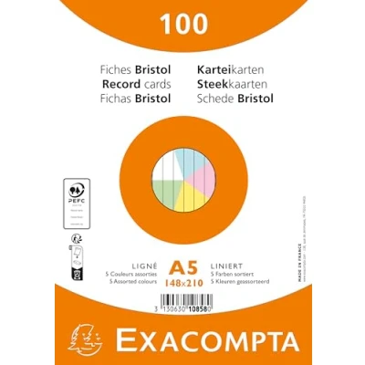 Afbeelding van Exacompta Pak van 100 indexkaarten, gelinieerd, ongeperforeerd, in folie geschikt voor inkjet, laserprinter en kopieerapparaat formaat 148 x 210 mm verschillende kleuren