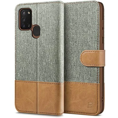 Afbeelding van BEZ Samsung A21s Hoesje, Galaxy Hoesje Book Case Leer Wallet, Flip Wallet [Canvas Kunstleer] met Creditcardhouders, Standaard, Magnetische Sluiting, Grijs