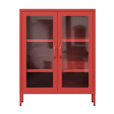 Afbeelding van Jan Nowak Vitrinekast 2 Deurs Gina 80 x 101,5 40 cm Verstelbare Planken, Glanzend Oppervlak, Gehard Glas Boekenkast Woonkamerkast, Buffetkast Rood