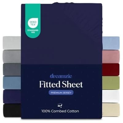 Afbeelding van Dreamzie Hoeslaken 90x200 cm, 100% premium katoenjersey, matrashoogte tot 22 hypoallergeen, Oeko Tex, donkerblauw