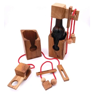 Afbeelding van ROMBOL Fleskluis luxe kluis van hout voor bierflessen 0,33 l als creatieve geschenkverpakking, kleur band: rood