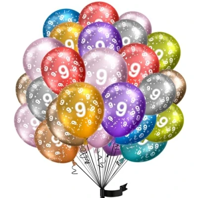 Afbeelding van ballonnen 9e verjaardag, 15 stuks metallic folieballon 9 jaar helium gemaakt van 100% natuurlijke latex, klimaatneutraal, 32 cm ballon cijfers voor kinderverjaardag en meisjes