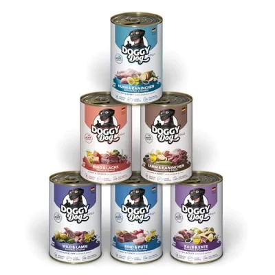 Afbeelding van DOGGY Dog Paté Mix 1 Natvoer voor honden, 6 x 400 g, in probeerpakket, graanvrij hondenvoer met zalmolie en groenlipmossel, compleet voer hoog vleesgehalte, Made Germany