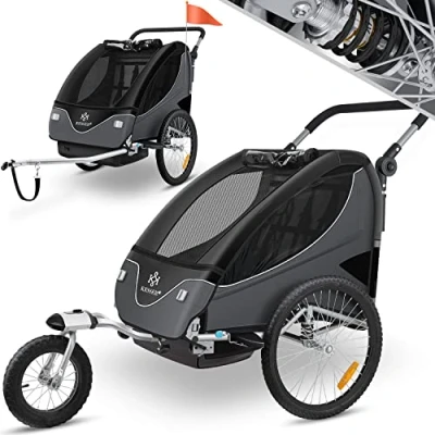 Afbeelding van KESSER® Cruiser Kinderfietskar 360 draaibaar met vering 2in1 Jogger functie + 5 puntsgordel Fietskar voor 1 tot 2 kinderen max. 40kg Zwart/Antraciet