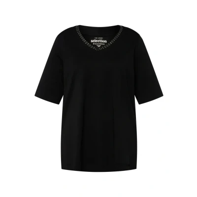 Afbeelding van Ulla Popken À Manches Courtes EN PIMA Ligne A ET COL Jabot Tshirt print, Dames, Maat: 42/44, Black