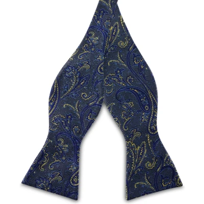 Afbeelding van Zijden zelfbinder vlinderdas met lichtblauw en goud paisleymotief