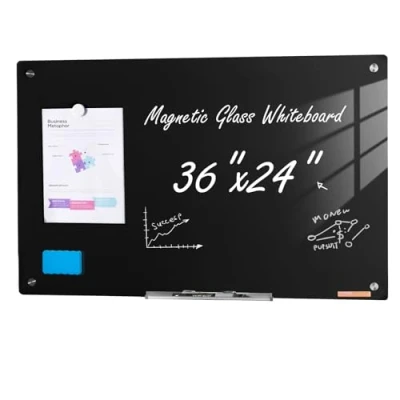 Afbeelding van VEVOR Magnetisch glas whiteboard, Dry Erase Board 91,4 cm x 61 cm, wandmontage groot wit glasbord frameloos, met markeerlade, een gum en 2 markeringen, zwart