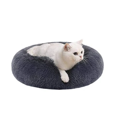 Afbeelding van Feandrea donzig hondenbed, kattenmand, donutkussen, wasbaar, uitneembare middenvulling, lang pluche, 50 cm diameter, donkergrijs PGW037G02