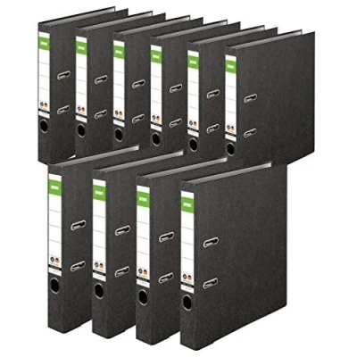 Afbeelding van Origineel DINOR Ordner Wolkenmarmer Recycling Made in Germany. 10 stuks 5 cm smal DIN A4 zwart dossiermap briefmap kantoormap kartonnen mapleufmap groen balk Blauwe Engel