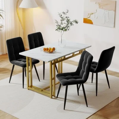 Afbeelding van Moimhear 120 x 70 cm witte eettafel met 4 stoelen, moderne keuken eettafelset, fluwelen eetkamerstoelen, tafel gouden ijzeren poten (zwart)