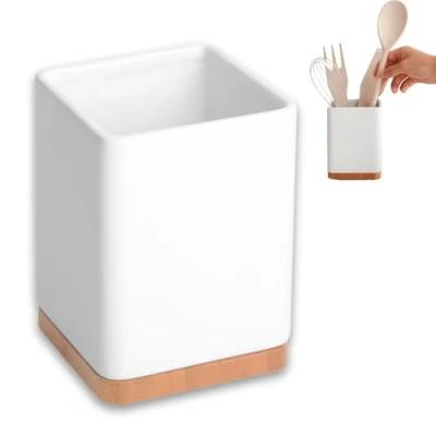 Afbeelding van KOOK TIME keukengereihouder keuken van keramiek en bamboe vierkante keukenhulp opslag wit 105 x 15 cm