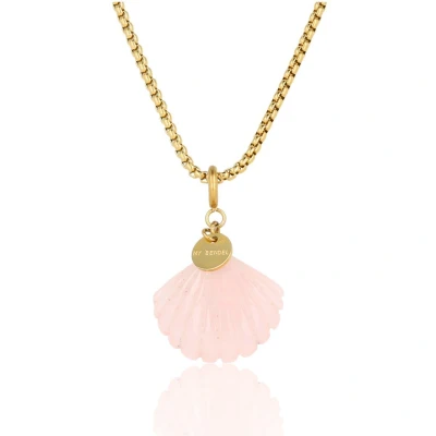 Afbeelding van My Bendel Boxketting goudkleurig Met Rose Quartz schelp Zomerse goudkleurige ketting van edelsteen luxe cadeauverpakking