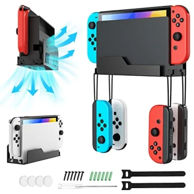 Afbeelding van MoKo muurbeugel voor Nintendo Switch/Switch OLED, metalen met 4 Joy Con haken, Airflow Gap ontwerp, snelle warmteafvoer, veilig opbergen bij of achter de tv, zwart