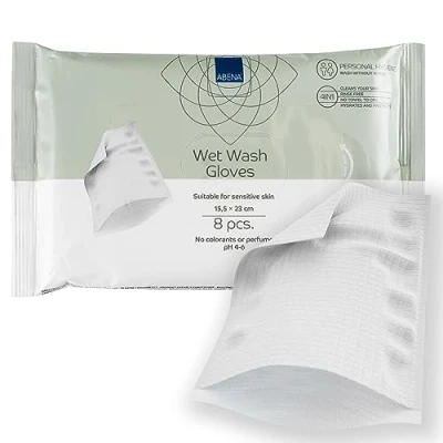 Afbeelding van Abena Natte washandschoenen, verpakking van 8 stuks, wegwerpflanel, geur en kleurstofvrij, dermatologisch getest, vervanging voor lichaamsdoekjes incontinentiedoekjes
