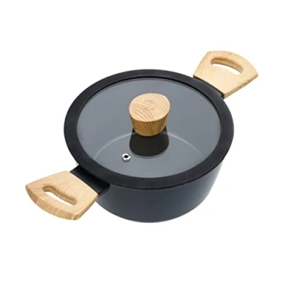 Afbeelding van MasterChef braadpan met deksel, inductiepotten, spaghettipot, stoompan, glazen houten handvat, aluminium kookpot, antiaanbaklaag, pannenset geschikt voor alle soorten fornuizen, 24cm