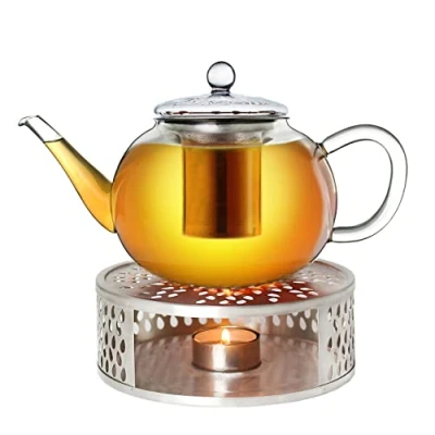 Afbeelding van theepot van glas 1,2 l + een stoofje roestvrij staal, 3 delige glazen met geïntegreerde zeef en deksel, ideaal voor het bereiden losse thee, druppelvrij