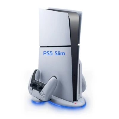 Afbeelding van Wigearss Verticaal PS5 Slim ventilatorstandaard koelstation met 3 verstelbare ventilatorsnelheden, 9 RGB lichten, duale controller oplader voor