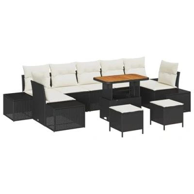 Afbeelding van vidaXL 10 delige Tuin Sofa Set met Kussens Zwart Poly Rattan Acacia, 2 Zits Rattan, 3 Eet Acacia