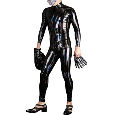 Afbeelding van SDGHH 8MMDM Mannen Sexy Lakleren Bodysuit Jumpsuit voor Clubwear Kruis Rits Lingerie Kostuum Kleding Latex Catsuit,zwart,4XL
