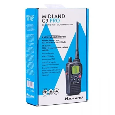 Afbeelding van Midland G9 Pro Dual Band Walkietalkie, zender en ontvanger, 40 kanalen, PMR446 69 LPD inclusief 4 oplaadbare batterijen 1,2 V/1800 mAh AA Ni MH, oplader, riemclip oortelefoon