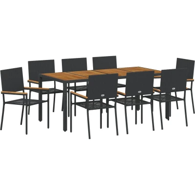 Afbeelding van vidaXL 9 delige Tuin Eetset Zwart Poly Rattan, Stapelbare Stoelen met Kussens 2 Set in Rattan
