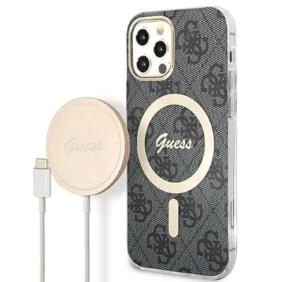 Afbeelding van Bescherming Guess case + Charger Set iPhone 12/12 Pro black hard 4G Print MagSafe
