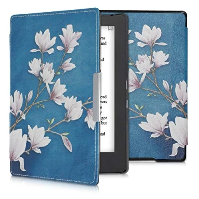 Afbeelding van kwmobile E reader hoesje geschikt voor Kobo Aura H2O Edition 1 hoes flip case met magnetische sluiting Ereader cover Magnolia design in taupe / wit blauwgrijs