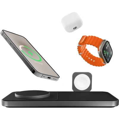 Afbeelding van Favolt Site:3 Magsafe 3 in 1 Draadloze Oplader (MFi/QI) Magnetisch Laadstation voor iPhone Apple Watch AirPods Space Gray