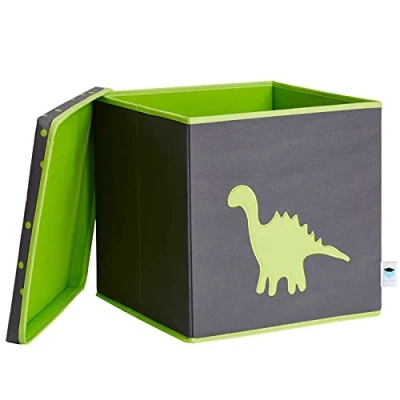 Afbeelding van Love it Store Opbergdoos met deksel Stoffen doos voor op een plank Vierkant en extra stevig Grijs groene dino 33x33x33 cm